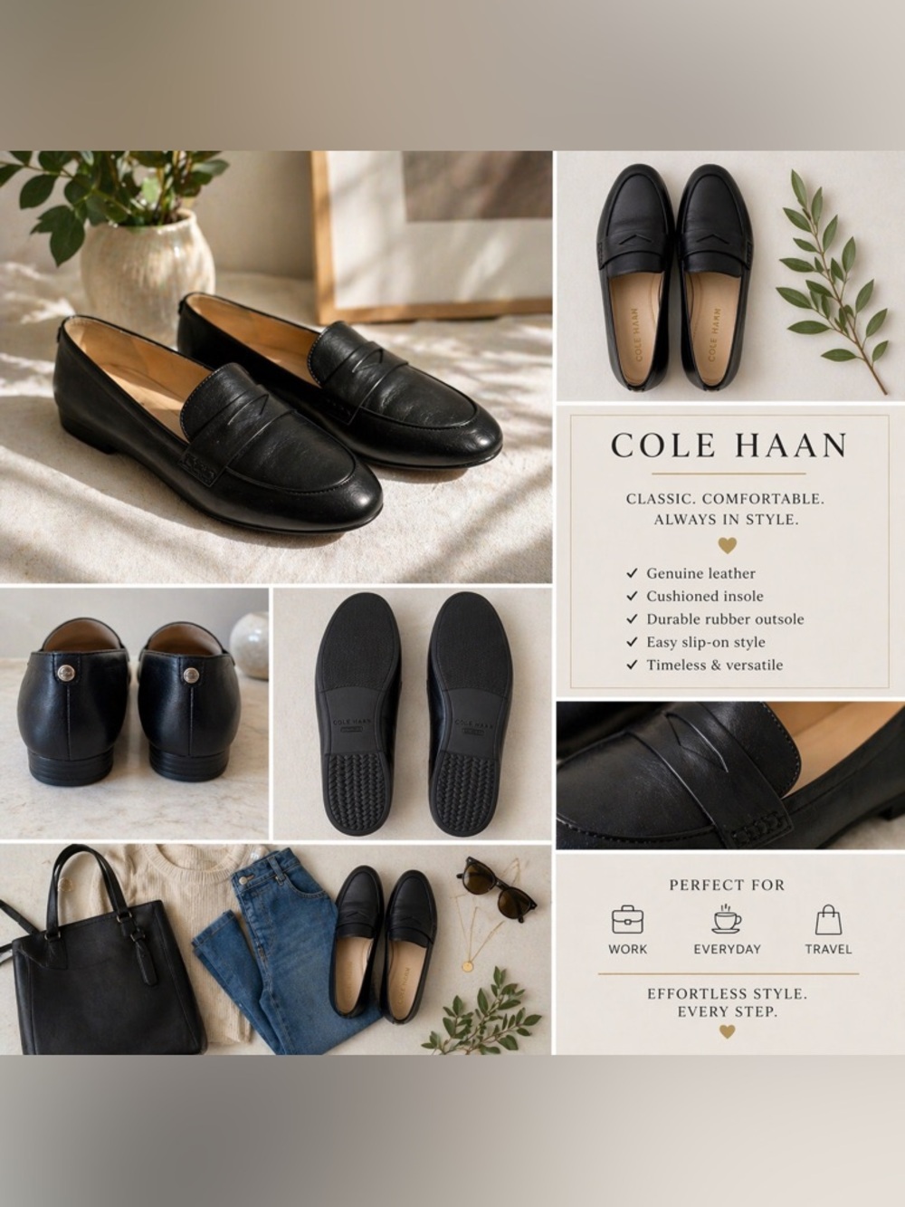 Cole Haan Black Leather Penny Loafers 8.5 Classic Office Work Comfort - Picture 2 of 5